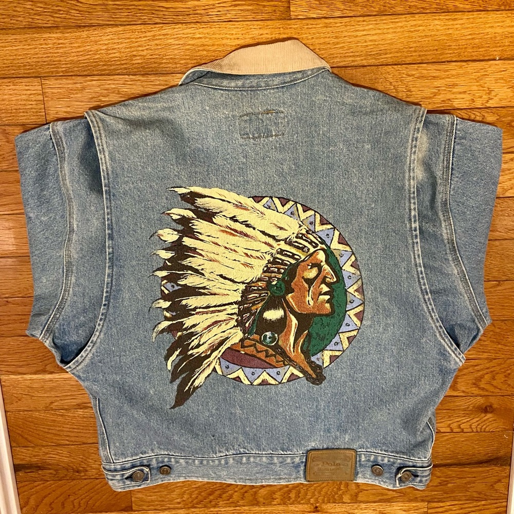 Polo Ralph Lauren Vintage Indian Head Native American Jean Jacket Denim Large - Picture 1 of 7